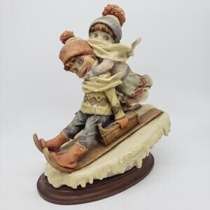 Vintage Giuseppe Armani 1982 "Winter Fun" Figurine Kids on Sled. Florence, Italy